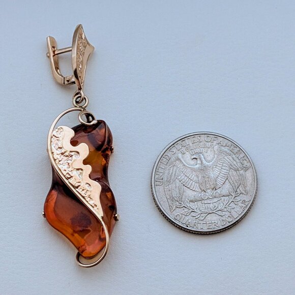 Russian Russia 14K 585 Rose Pink Gold Baltic Honey Amber Dangle Drop Earrings - Picture 2 of 9